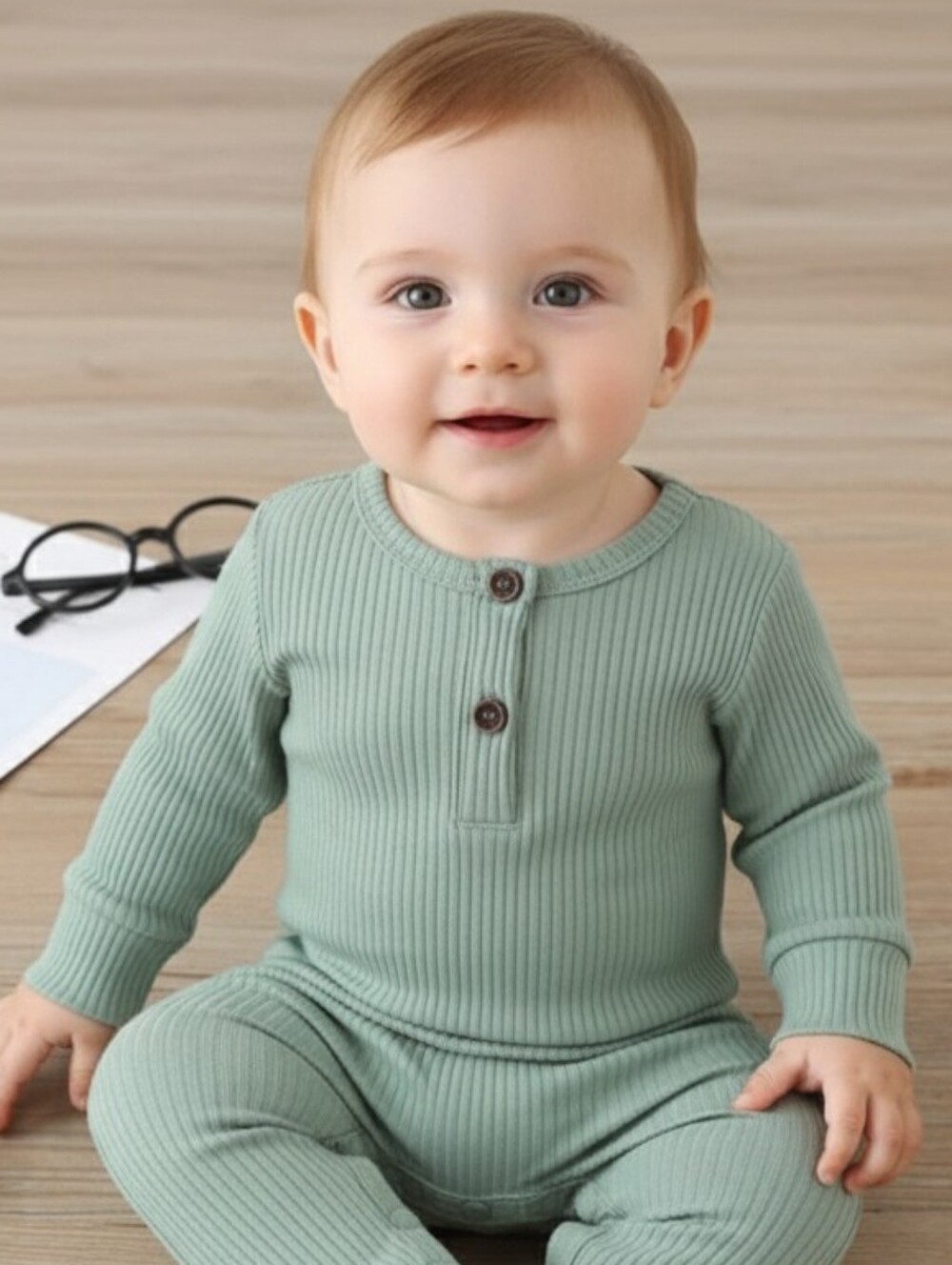 Baby Boy Girl Long Sleeve Ribbed Jumpsuit Button Front Cotton Green One Piece